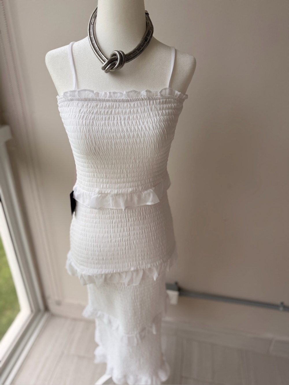 BEBE | White Smocked Ruffle Maxi Dress - Women